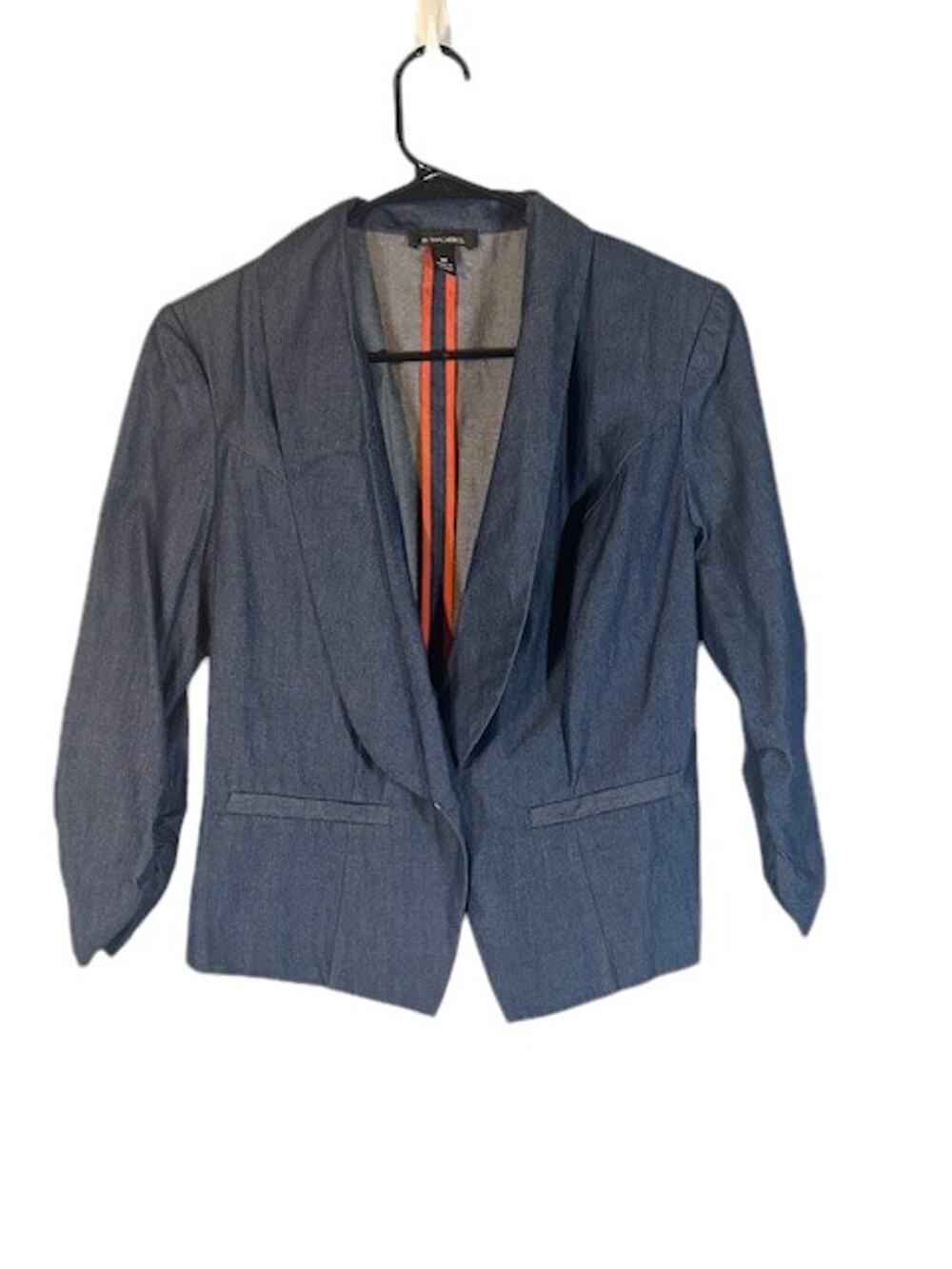 B-Works Blue Long Ruched Sleeves One Button Cotton Dress Jacket Women Sz M